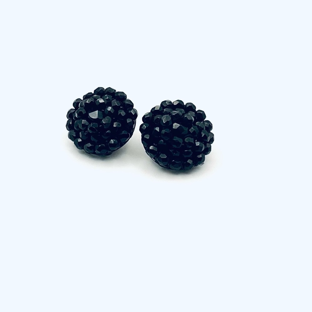 VINTAGE Black Beaded Round Cluster Clip-On Earrings